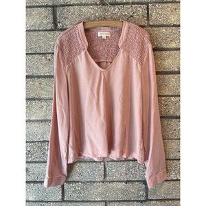 Cloth & Stone Pink Smocked Shoulder V-Neck Long-Sleeve Blouse Casual Style Women
